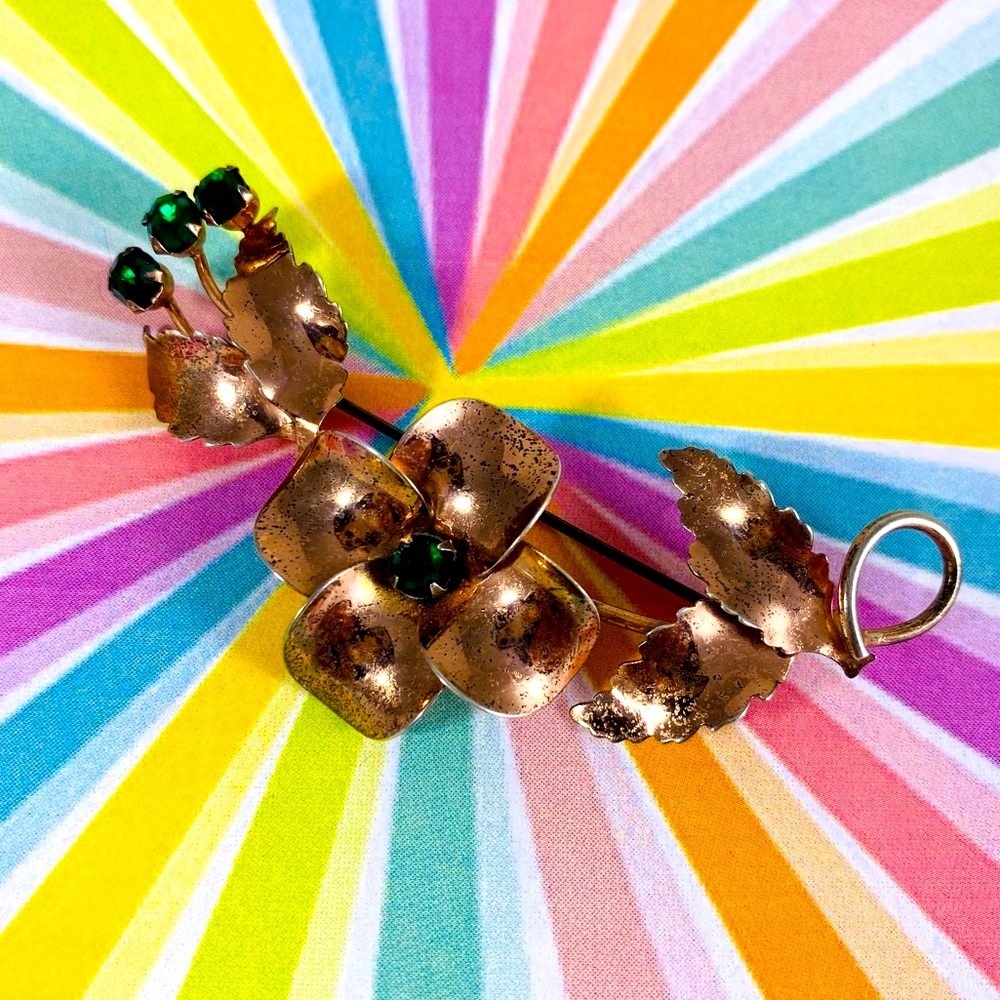 Vintage copper vermeil over sterling silver clover spray pin green rhinestones